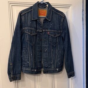 Levis Mens Classic Denim Paint-Splatter Blue Denim Trucker Jacket Size S